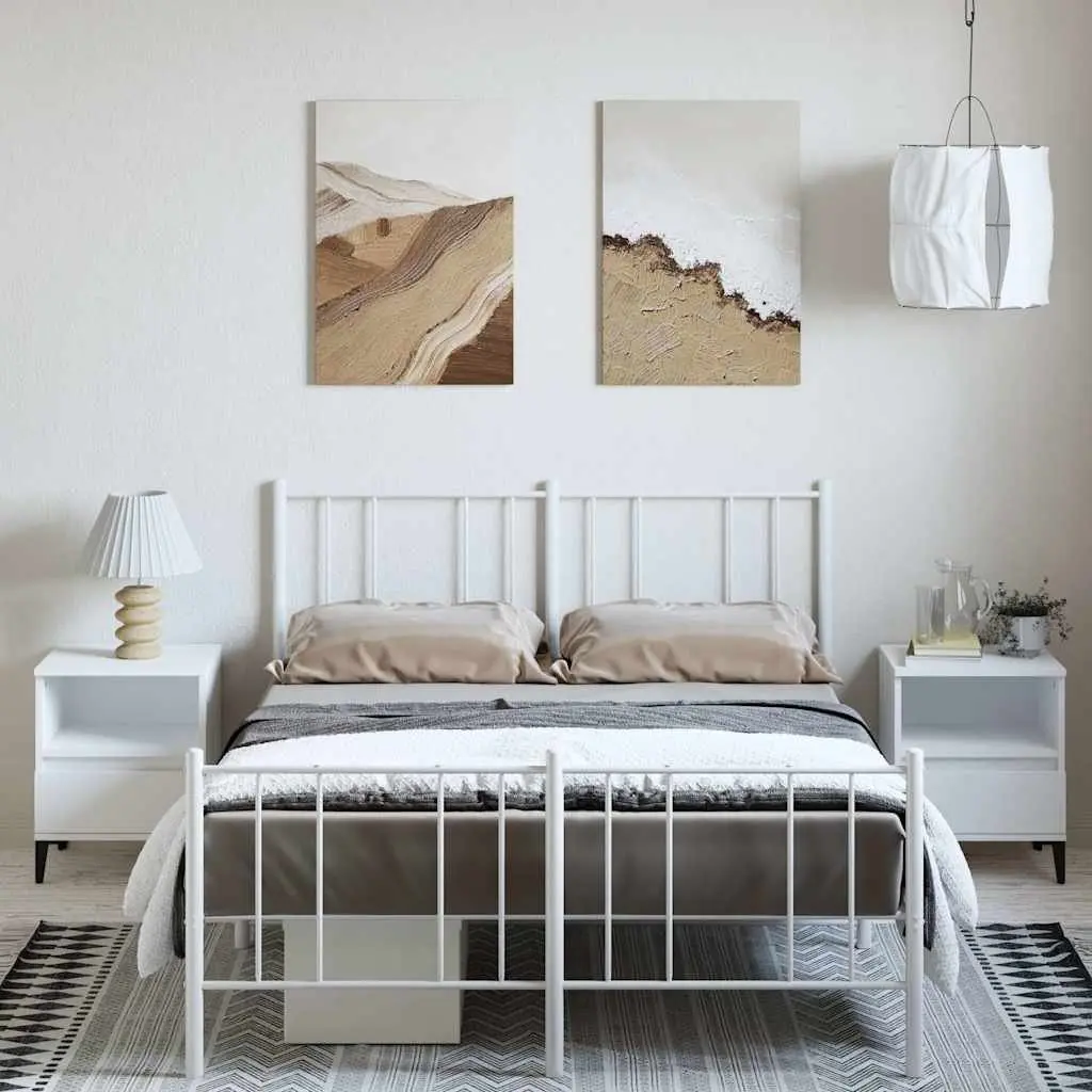 Metal Bed Frame White Footboard Bedroom Furniture 135x190cm Slatted Base Support