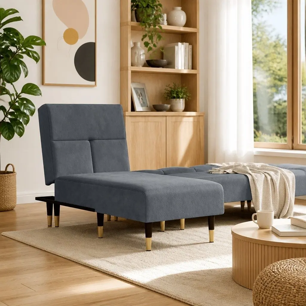 Chaise Longue Lounge Chair Grey Velvet 3-Position Convertible for Living Room