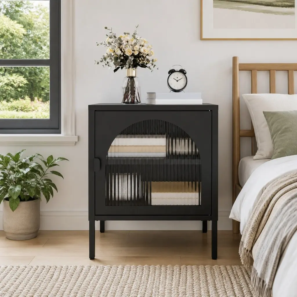 Black Bedside Table Nightstand with Glass and Steel for Bedroom Storage 50W x 35D x 60H cm