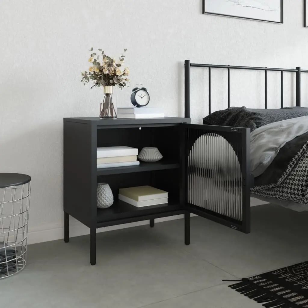 Black Bedside Table Nightstand with Glass and Steel for Bedroom Storage 50W x 35D x 60H cm