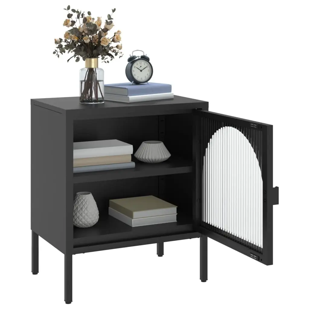 Black Bedside Table Nightstand with Glass and Steel for Bedroom Storage 50W x 35D x 60H cm