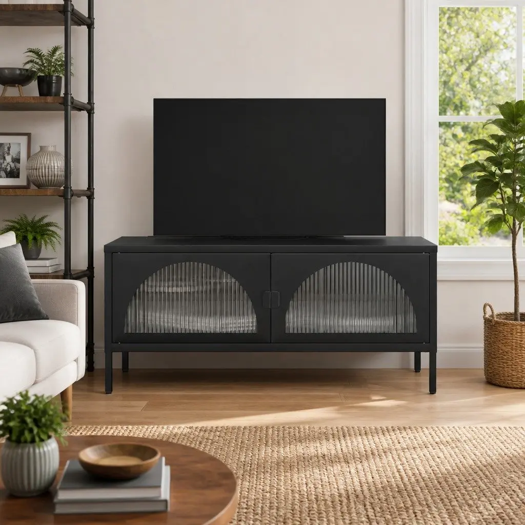 TV Cabinet Media Stand Storage Unit Black Glass Steel Frame 105 x 35 x 50 cm
