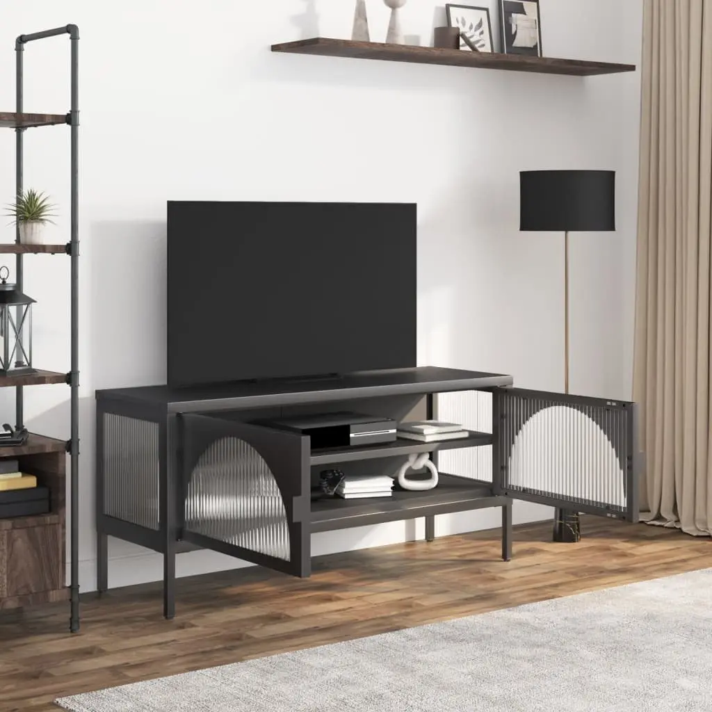 TV Cabinet Media Stand Storage Unit Black Glass Steel Frame 105 x 35 x 50 cm