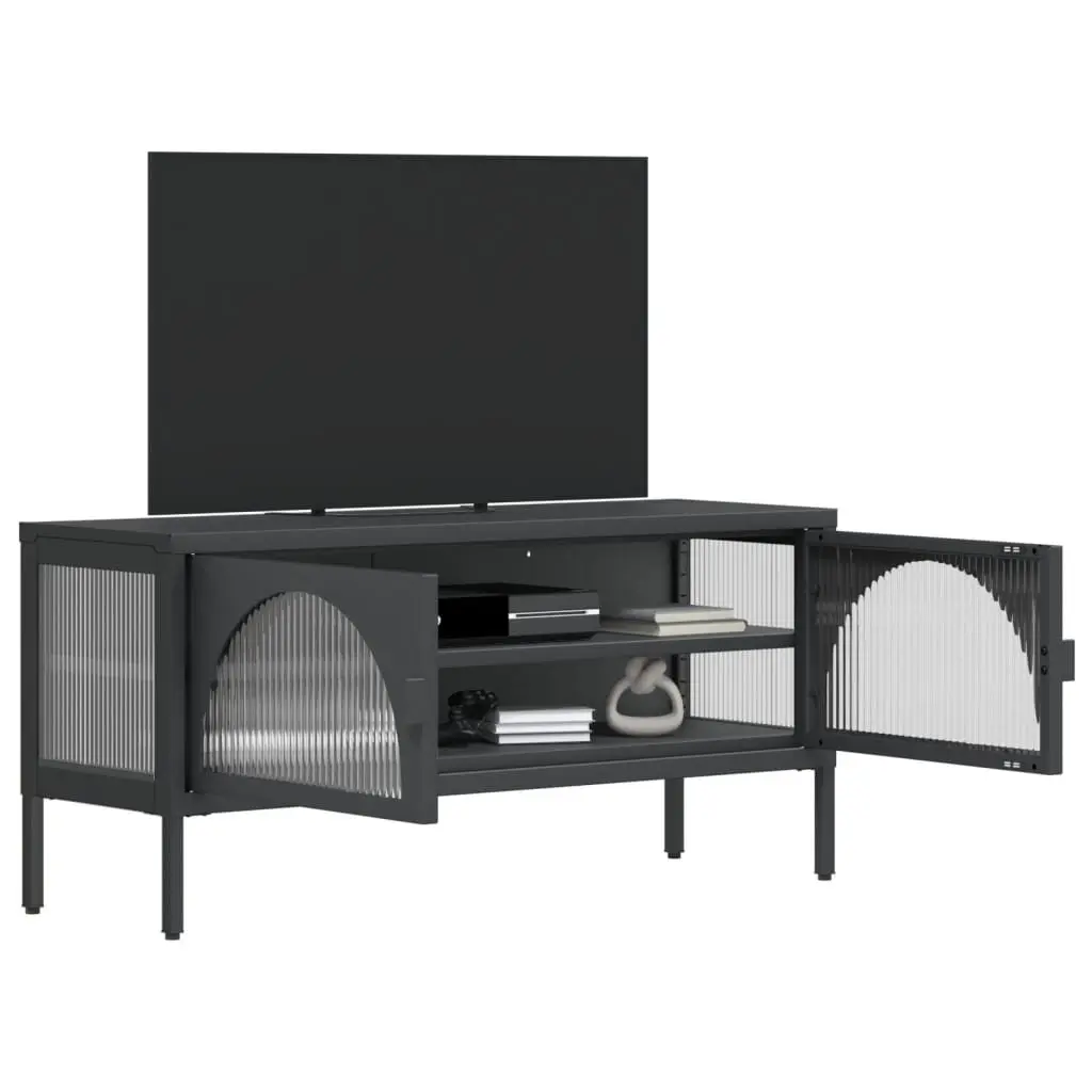 TV Cabinet Media Stand Storage Unit Black Glass Steel Frame 105 x 35 x 50 cm