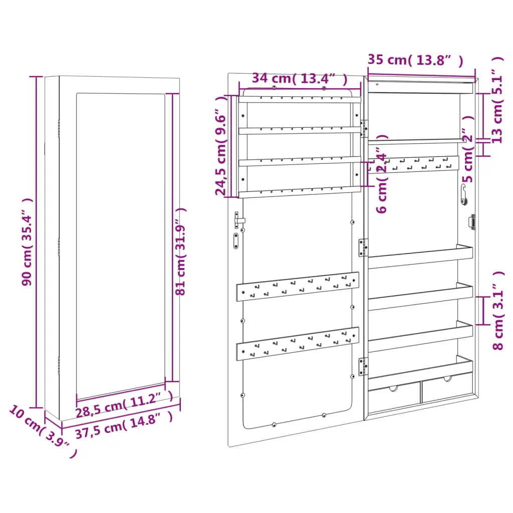 Mirror Jewellery Cabinet Wall Mounted LED Lights Storage Organiser White