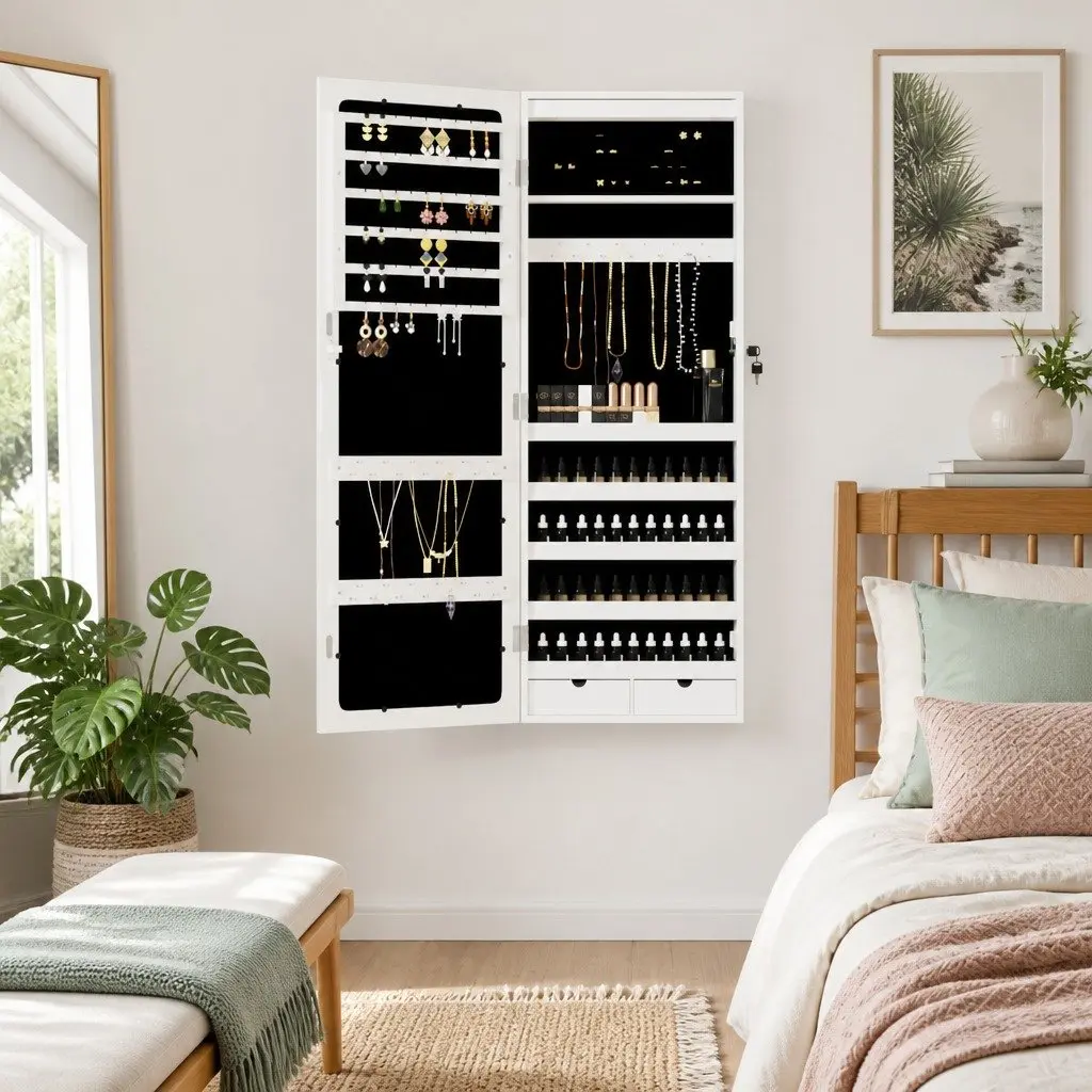 Wall Mounted Mirror Jewellery Cabinet for Storage Organiser with LED Lights White