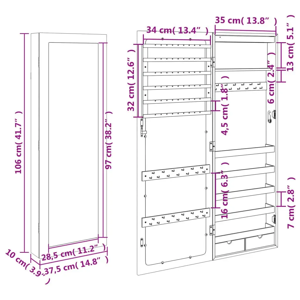 Wall Mounted Mirror Jewellery Cabinet for Storage Organiser with LED Lights White