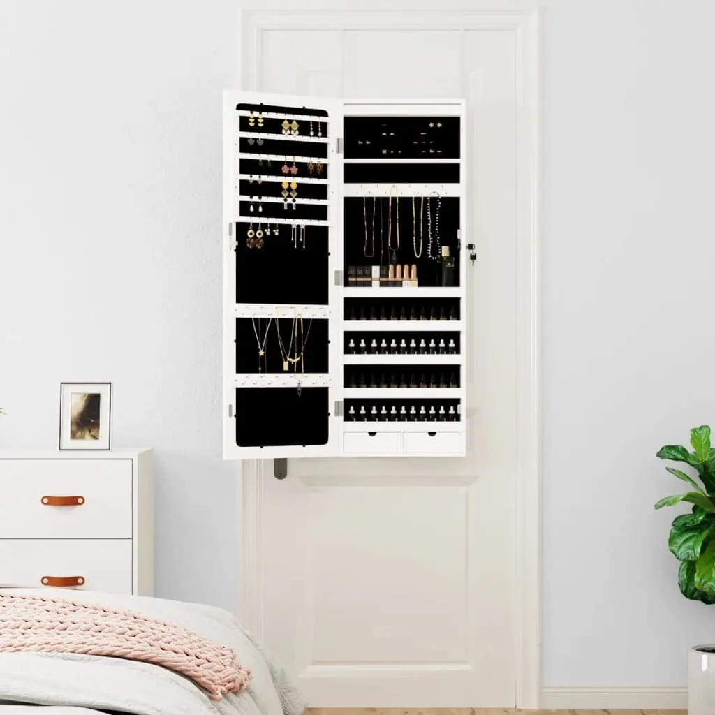 Wall Mounted Mirror Jewellery Cabinet for Storage Organiser with LED Lights White