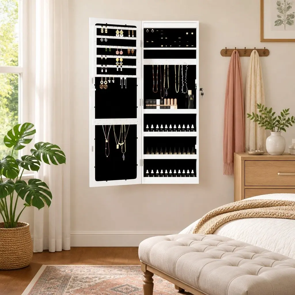 Jewellery Storage Cabinet with Full Length Mirror and LED Lights for Wall Mounting White
