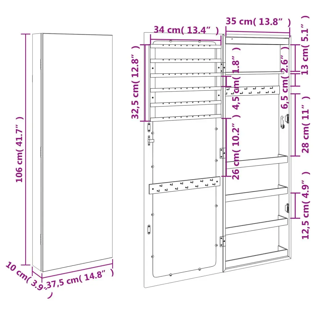 Jewellery Storage Cabinet with Full Length Mirror and LED Lights for Wall Mounting White