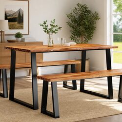 Dining Table 140x80x75cm in Solid Acacia Wood with Steel Legs