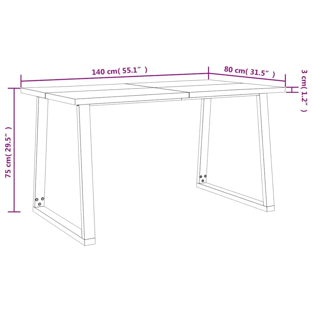 Dining Table 140x80x75cm in Solid Acacia Wood with Steel Legs