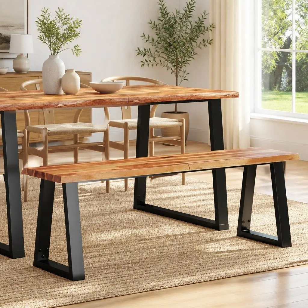 140 cm Solid Acacia Wood Bench with Steel Frame and Live Edge