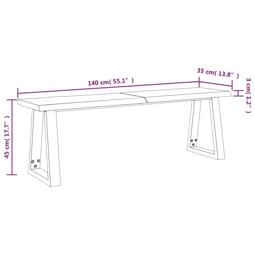 140 cm Solid Acacia Wood Bench with Steel Frame and Live Edge