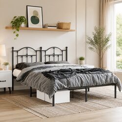 Metal Bed Frame 135x190 cm with Headboard Black Bedroom Furniture Slatted Base