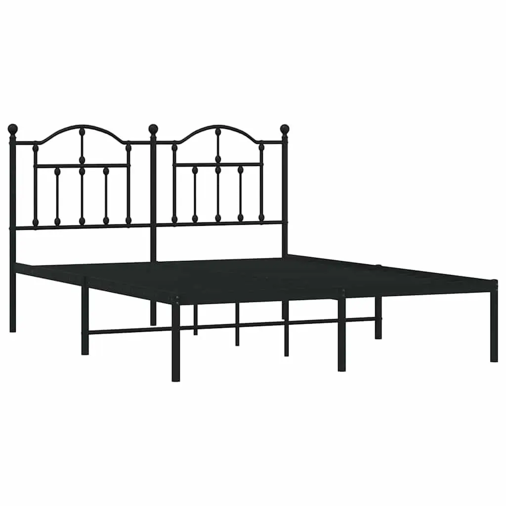Metal Bed Frame Black Bedroom 135x190 cm with Headboard Slatted Base