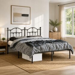 Metal Bed Frame 150x200 cm - Black Steel with Headboard Included