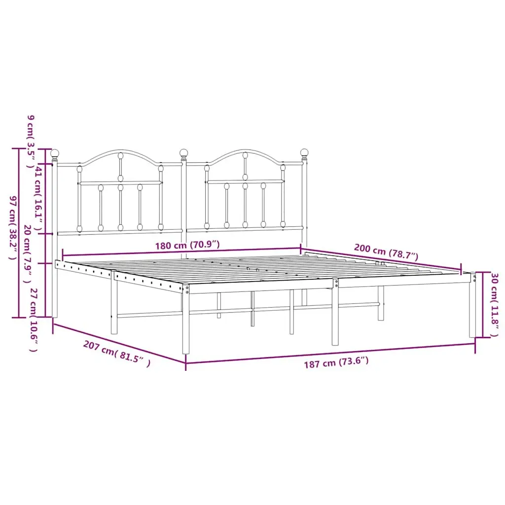 Metal Bed Frame King Bedroom 183x203 cm with Headboard Slatted Base Black