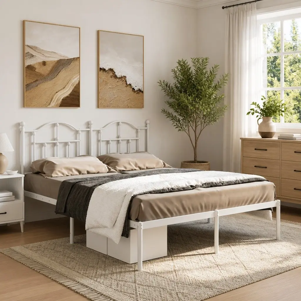 Metal Bed Frame 135x190 cm with Headboard White Bedroom Furniture Slatted Base