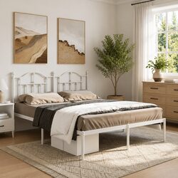 Metal Bed Frame Specifications: 135x190 cm, White, Slatted Base