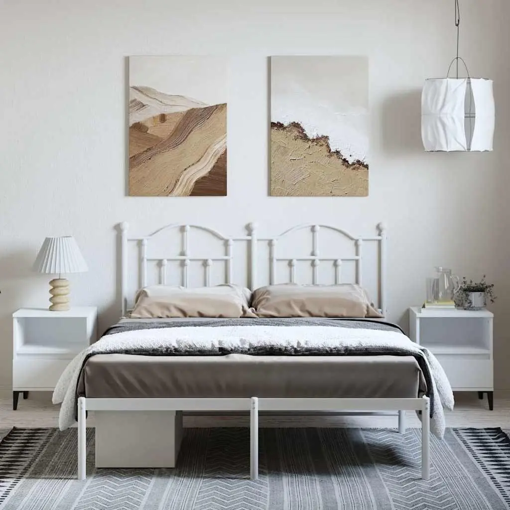 Metal Bed Frame 135x190 cm with Headboard White Bedroom Furniture Slatted Base