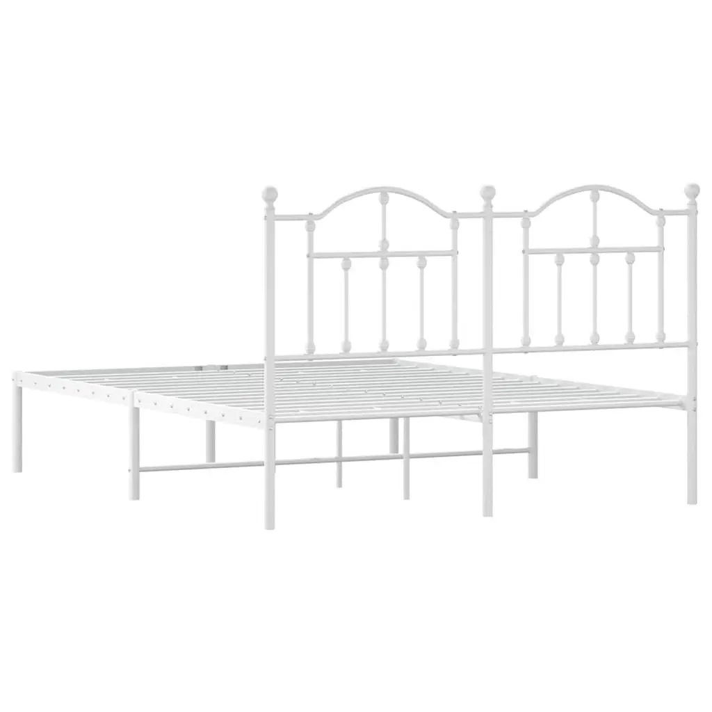 Metal Bed Frame 135x190 cm with Headboard White Bedroom Furniture Slatted Base