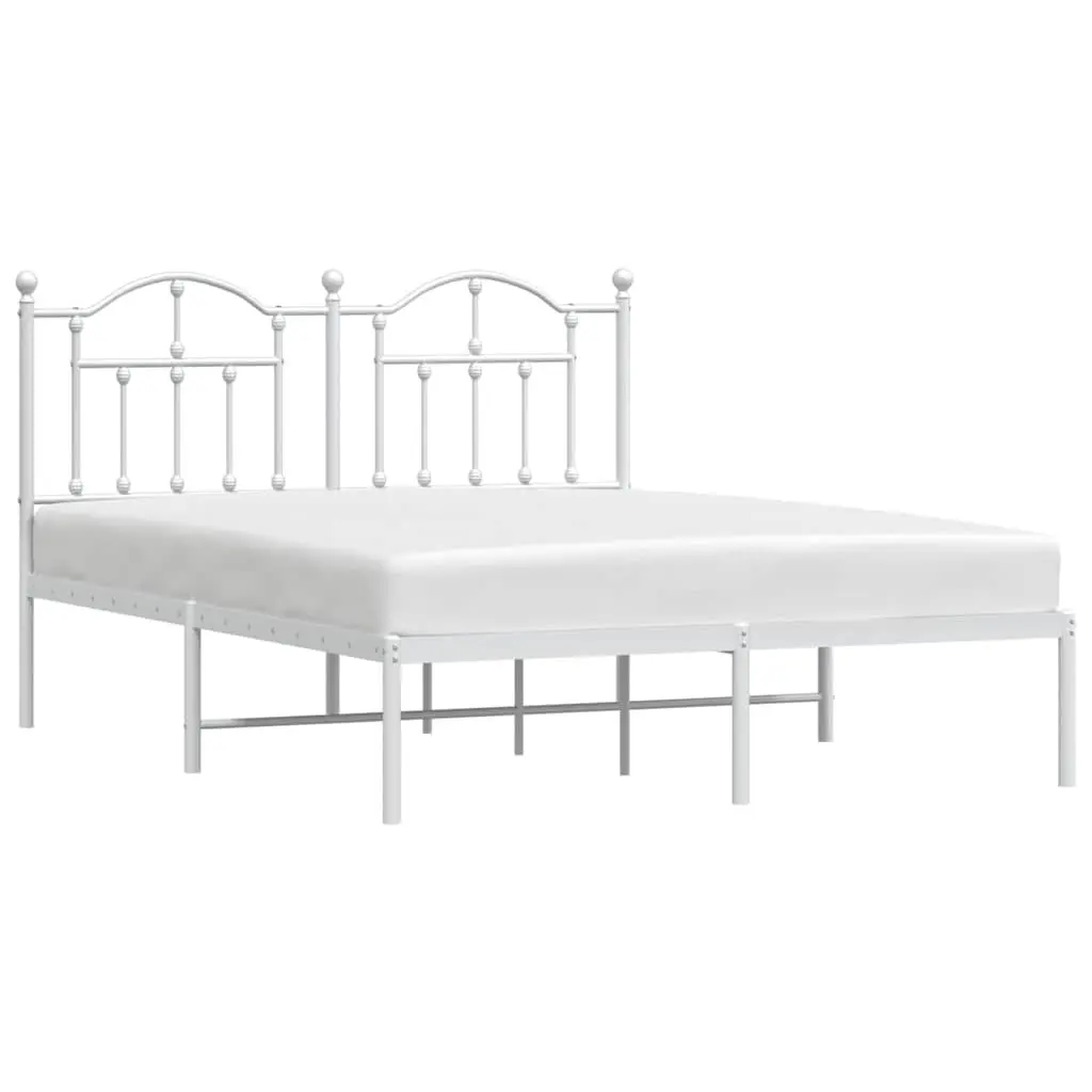 Metal Bed Frame 135x190 cm with Headboard White Bedroom Furniture Slatted Base