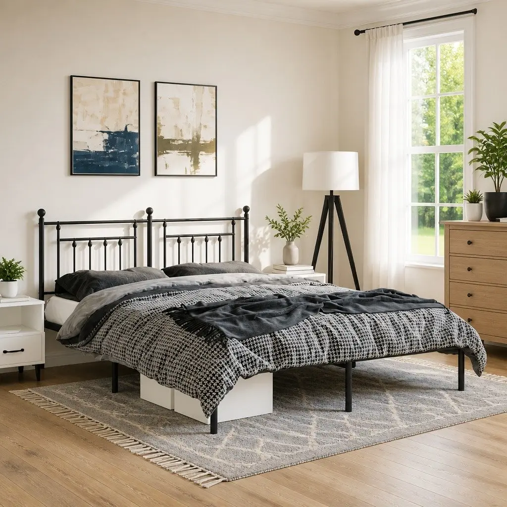 Metal Bed Frame for Bedroom 135x190 cm with Headboard Black Slatted Base