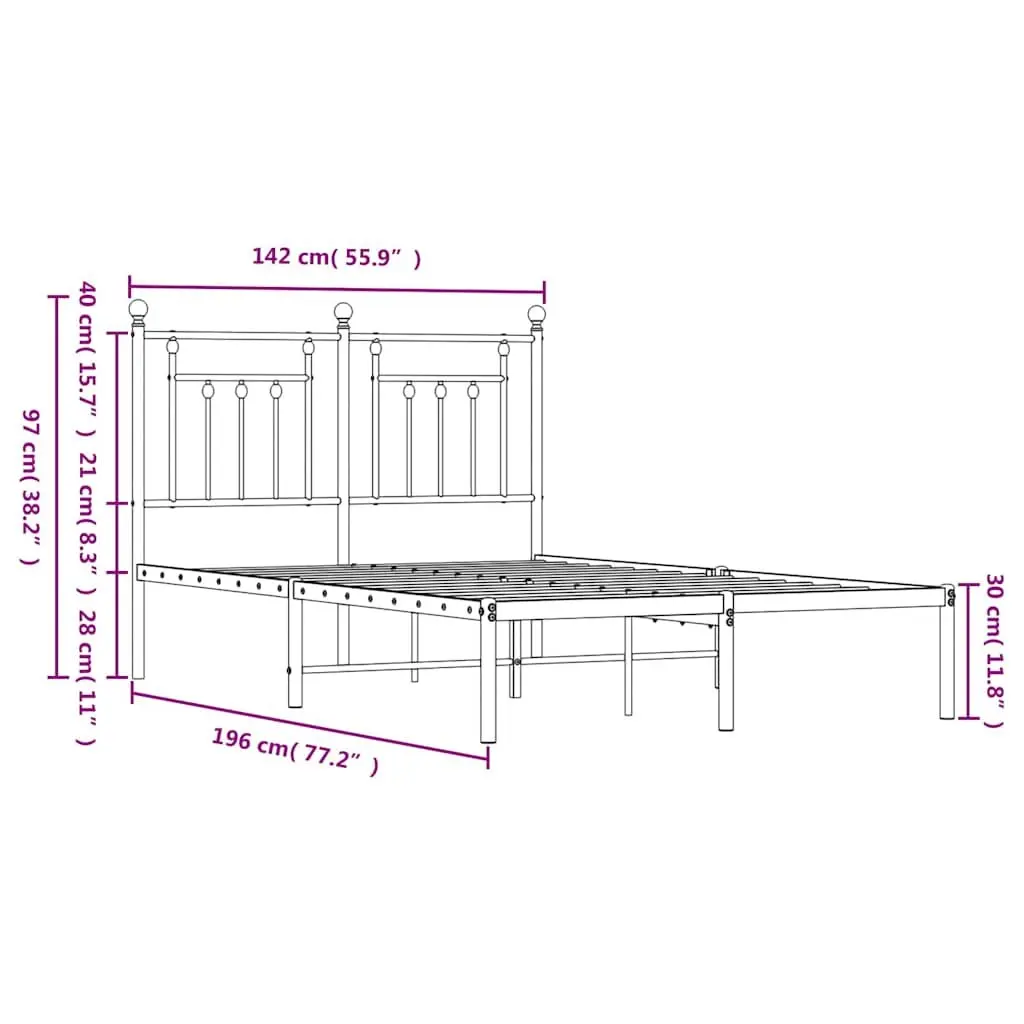 Metal Bed Frame for Bedroom 135x190 cm with Headboard Black Slatted Base