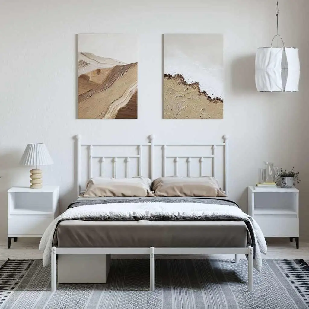 Metal Bed Frame with Headboard White 150x200 cm Bedroom Furniture Slatted Base