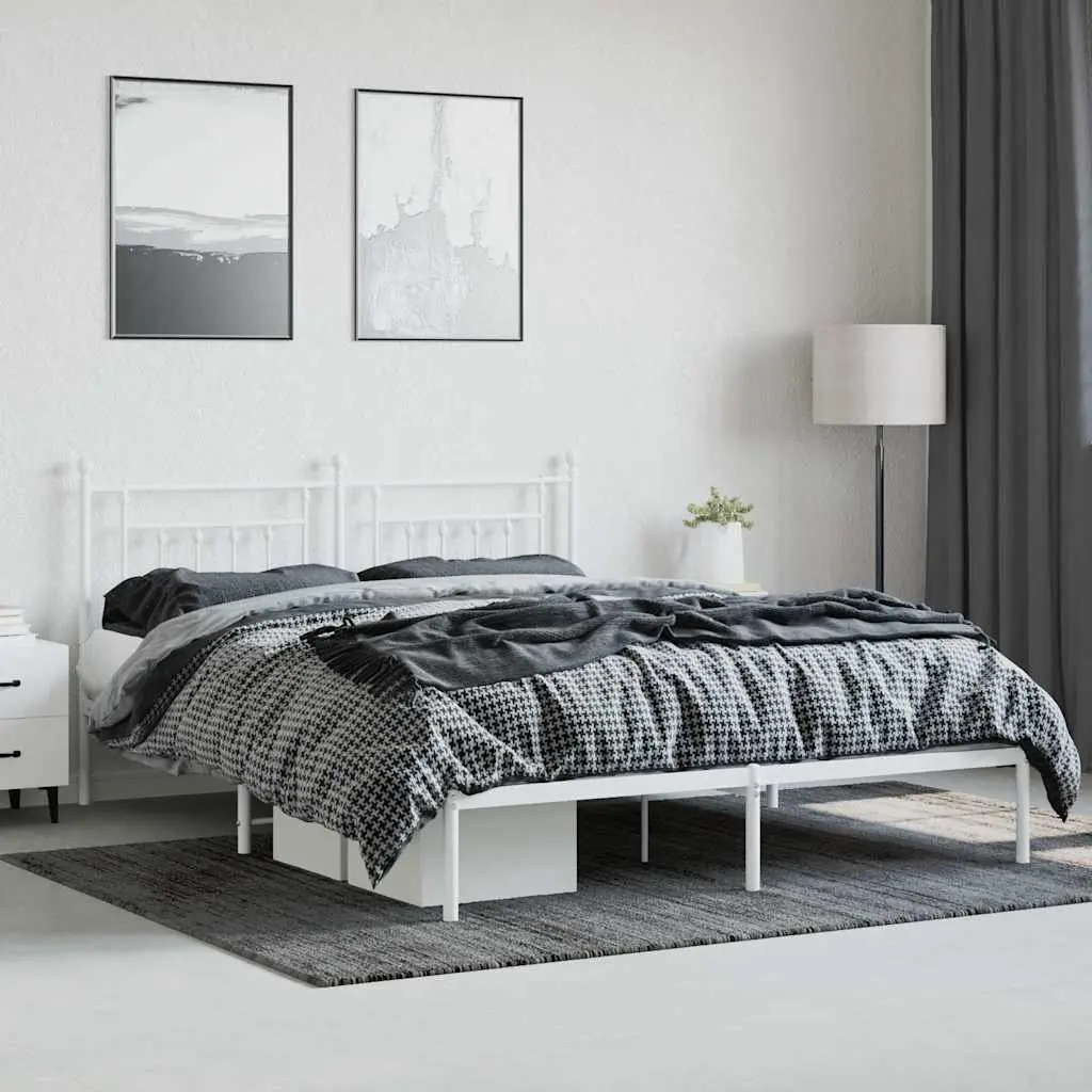 Metal Bed Frame King Size Bedroom Furniture with Headboard Storage White