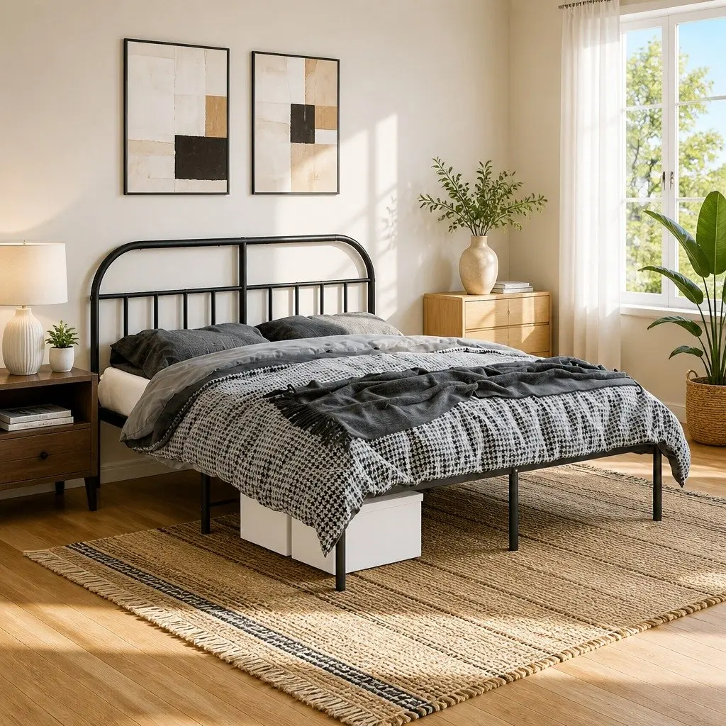 Metal Bed Frame with Headboard for Bedroom 150x200 cm Black