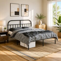 Metal Bed Frame 150x200 cm with Headboard Slatted Base Black Bedroom Furniture