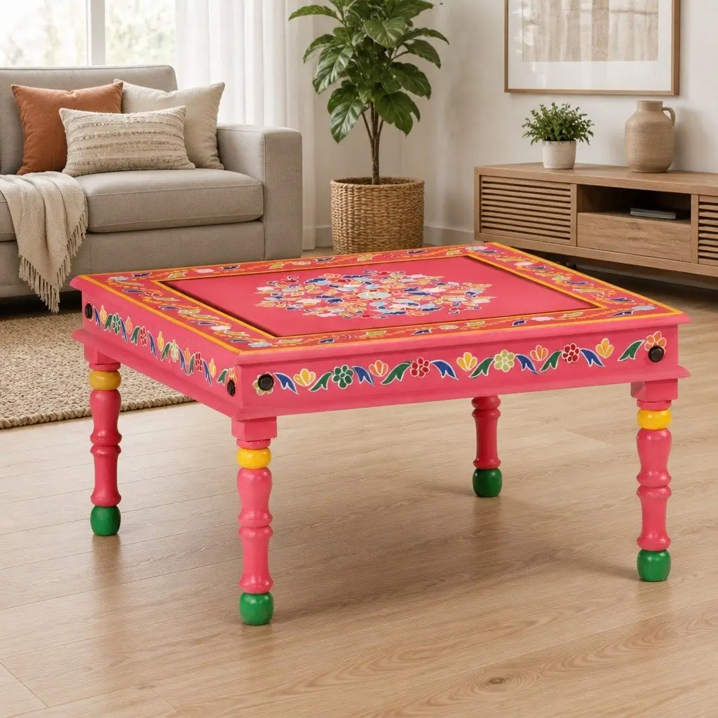 Solid Mango Wood Hand-Painted Pink Coffee Table