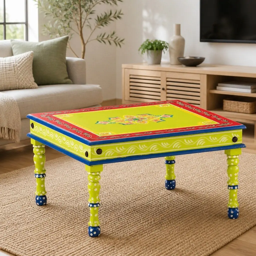 Coffee Table Solid Wood Green Hand-Painted Decorative Living Room Accent