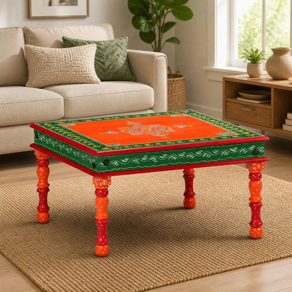Coffee Table Living Room Orange Hand Painted Solid Wood Mango