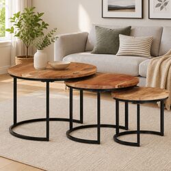 Nesting Tables 3 Pcs Solid Wood Acacia Brown Coffee Side Table Storage Set
