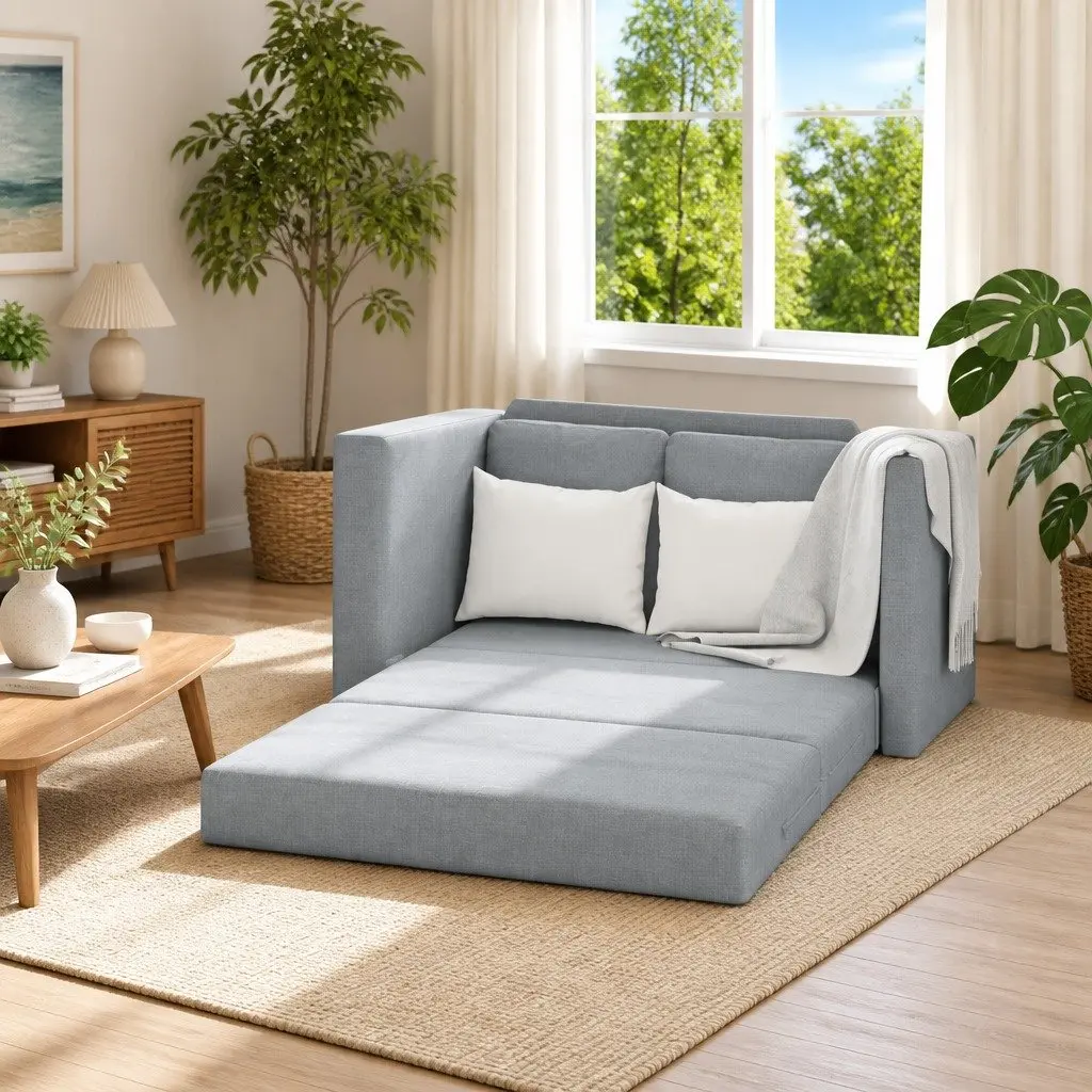 Floor Sofa Bed Living Room 2-in-1 Convertible Loveseat Grey Fabric 112 x 174 x 55 cm