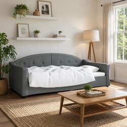 Grey Fabric Day Bed Sofa Bed 90x190cm with Slatted Frame