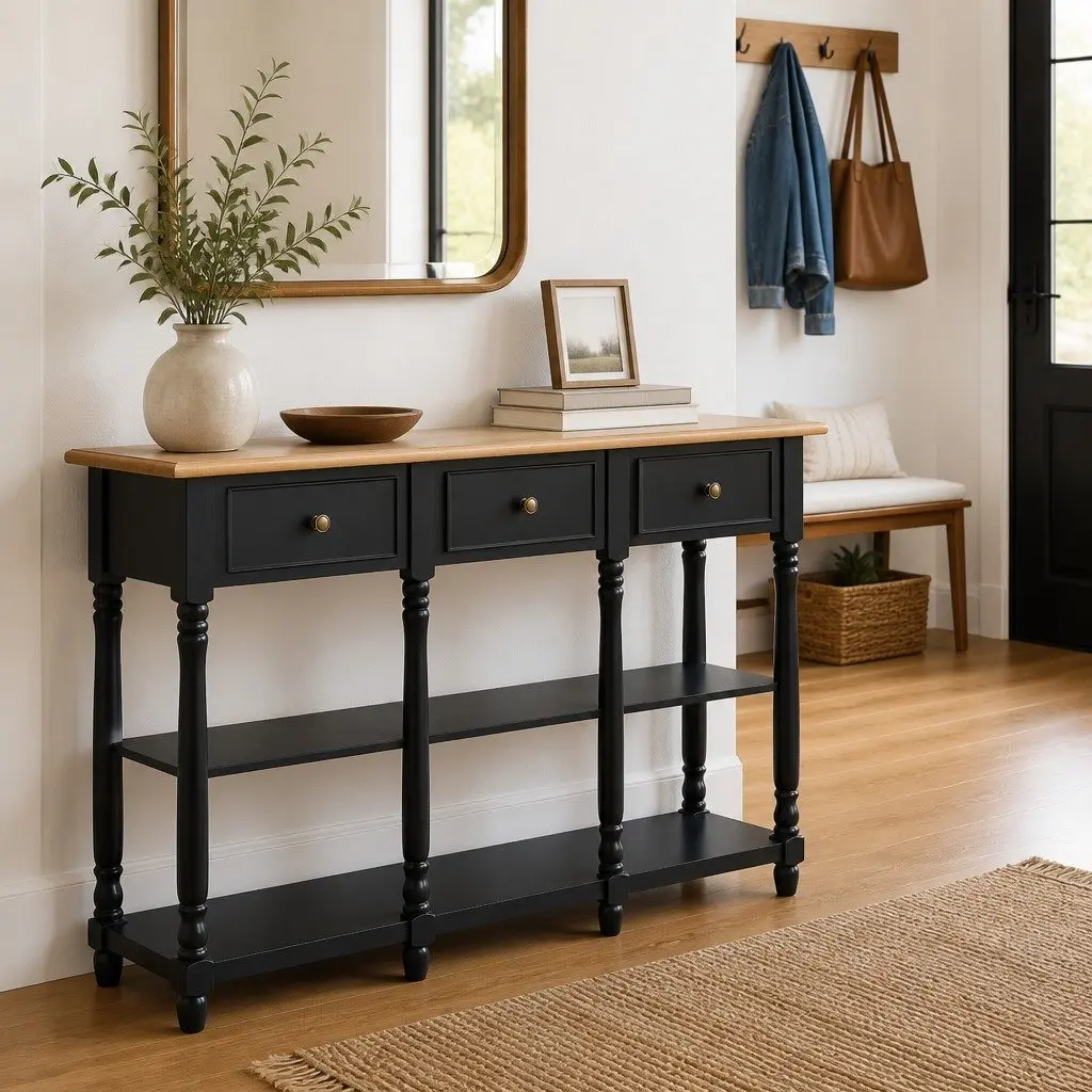 Console Table Black 110x30x76cm Entryway Living Room Storage Drawers Shelves