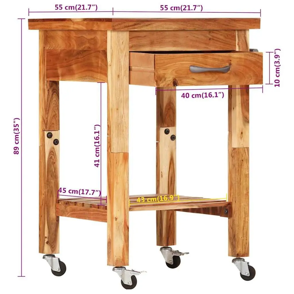Kitchen Trolley 55x55x89cm Solid Wood Acacia Brown Storage Cart Drawer Shelf