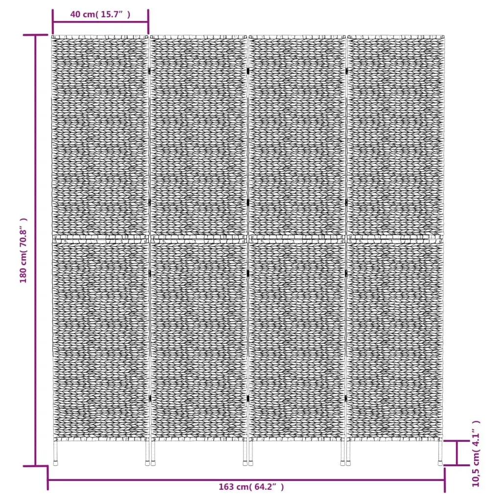 4-Panel Room Divider Screen Water Hyacinth Black Privacy Folding Partition