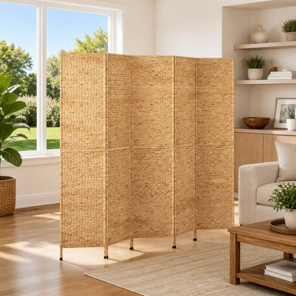 5-Panel Room Divider Folding Screen Privacy Partition Brown