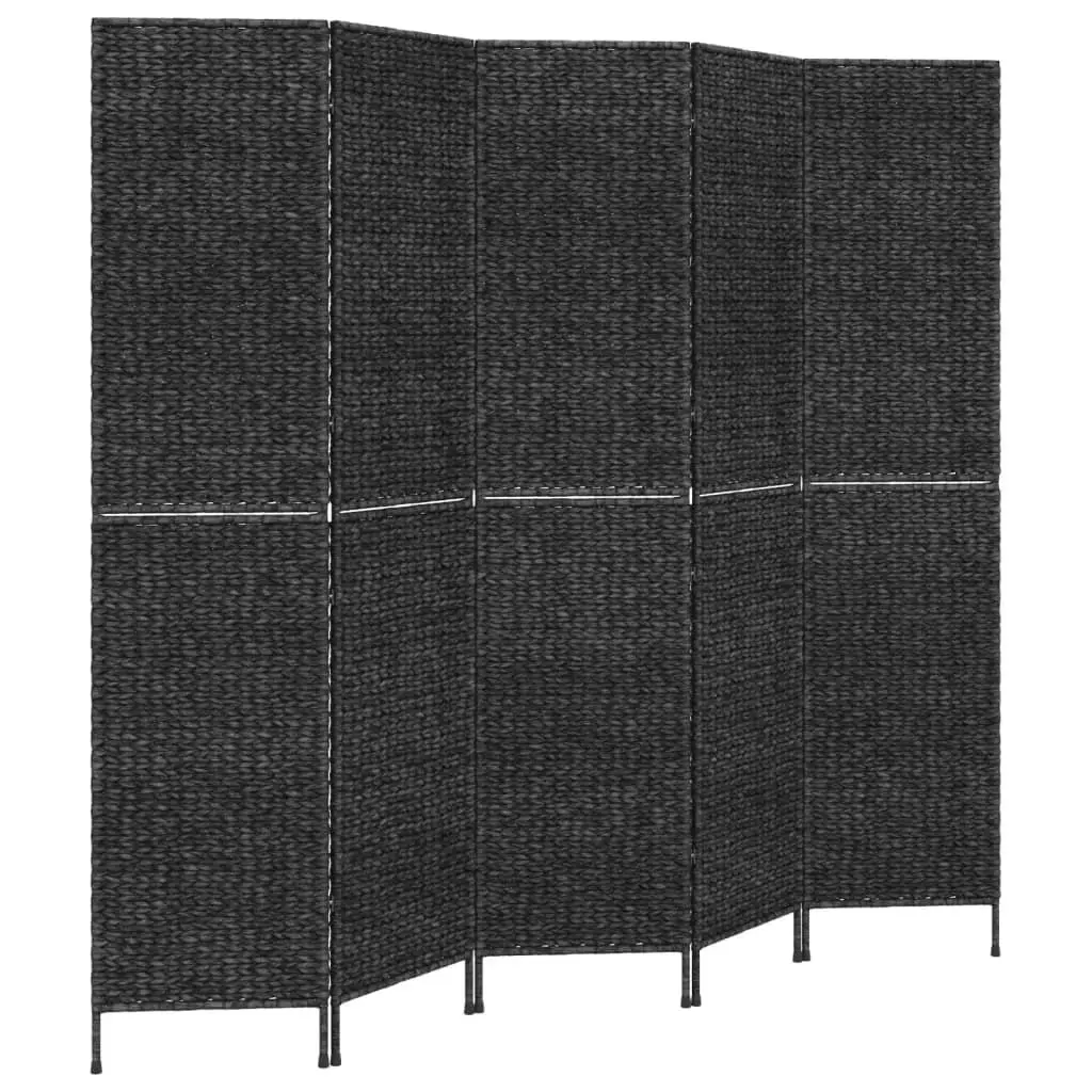 Room Divider Black 5-Panel Folding Privacy Screen Woven Water Hyacinth