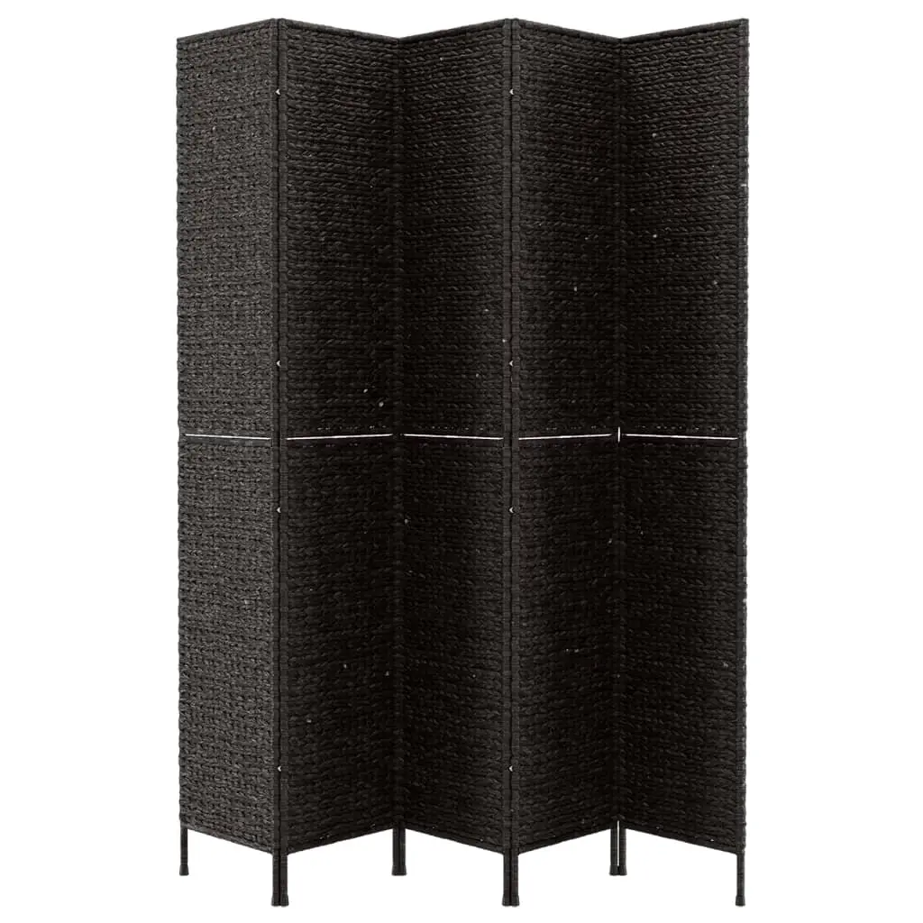 Room Divider Black 5-Panel Folding Privacy Screen Woven Water Hyacinth
