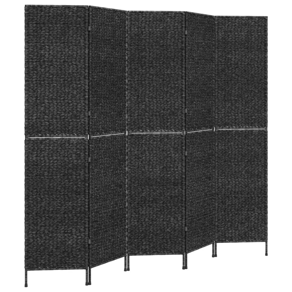 Room Divider Black 5-Panel Folding Privacy Screen Woven Water Hyacinth