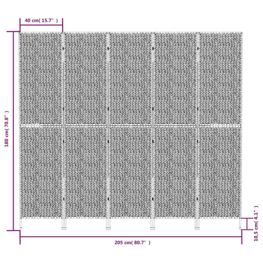 Room Divider Black 5-Panel Folding Privacy Screen Woven Water Hyacinth