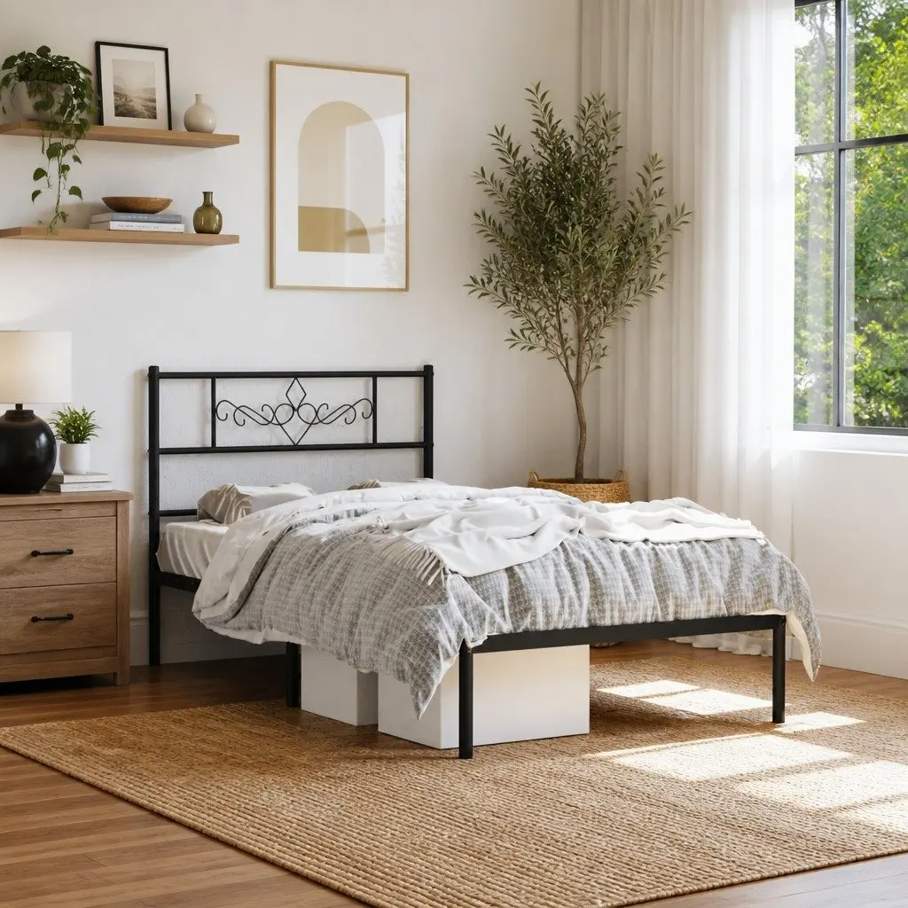 Metal Bed Frame King Single 107x203cm Black Headboard Steel Slats Storage