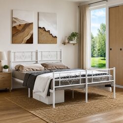 Metal Bed Frame 135x190 cm White with Footboard Headboard Slatted Base