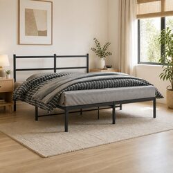 Black Metal Bed Frame with Headboard - 150x200 cm Size